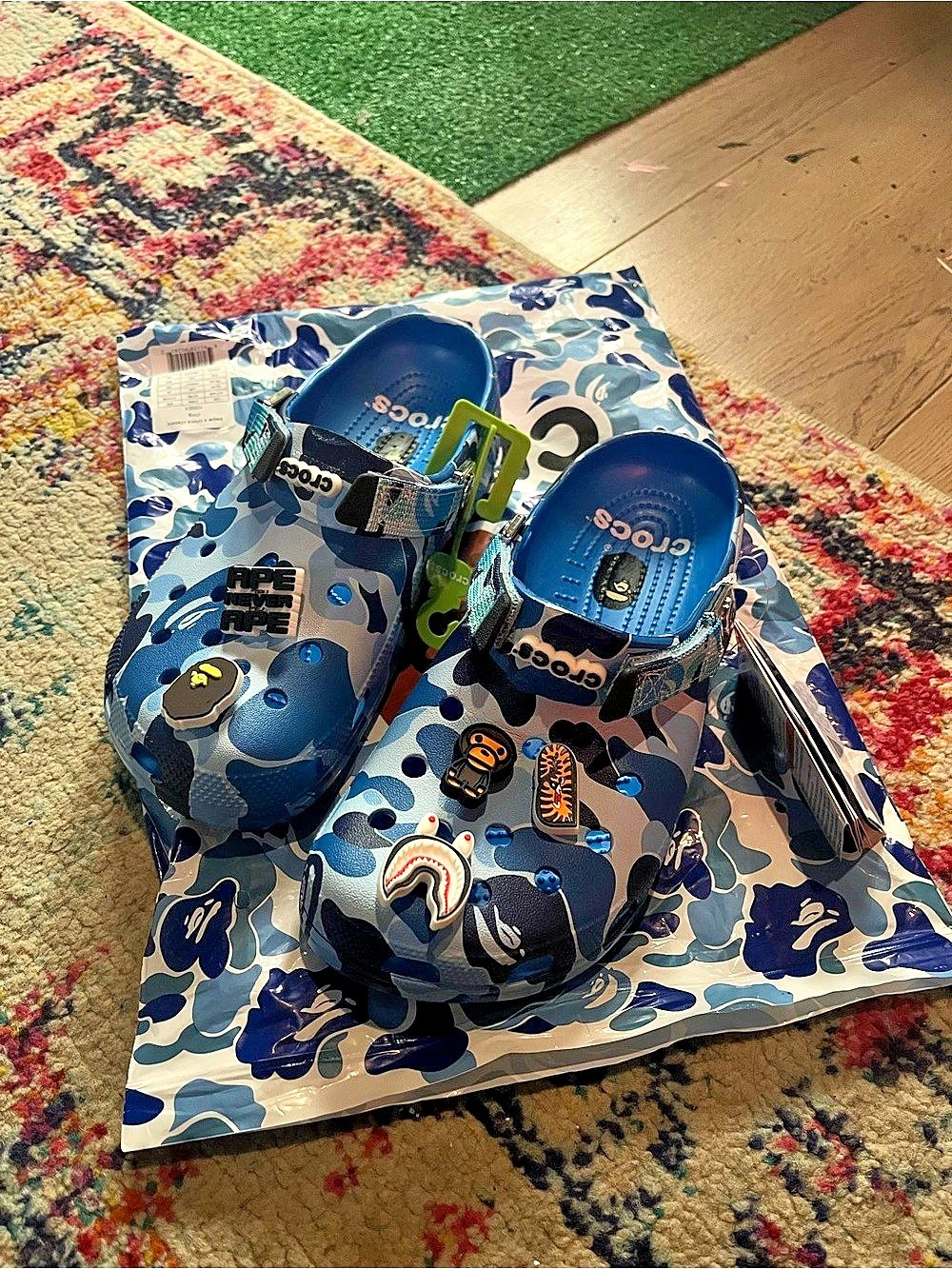 classic blue bape clogs
